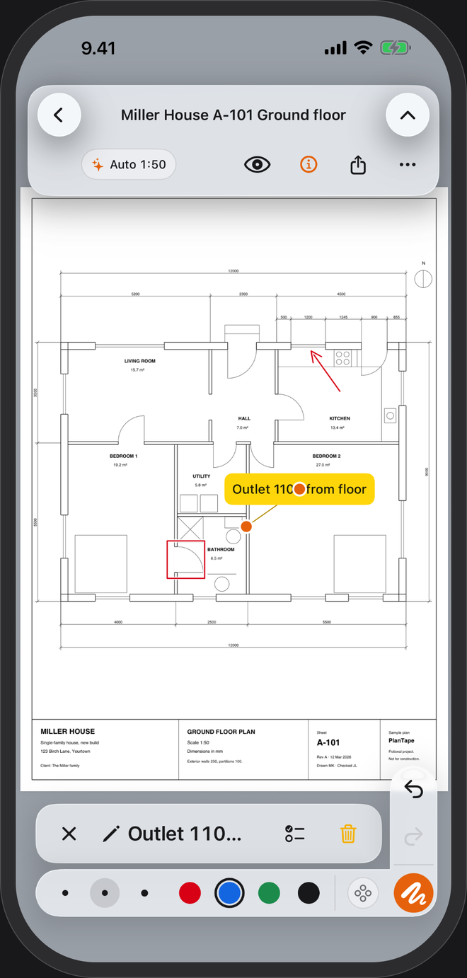 A plan marked up in PlanTape with a red arrow, a red rectangle and a yellow note reading Outlet 1100 from floor