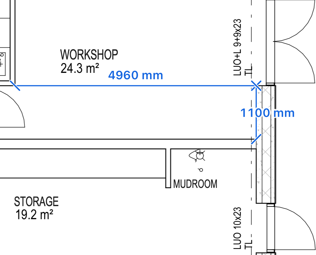 A floor plan opened in PlanTape with two finished measurements on it: 4960 mm across the workshop and 1100 mm along the outside wall