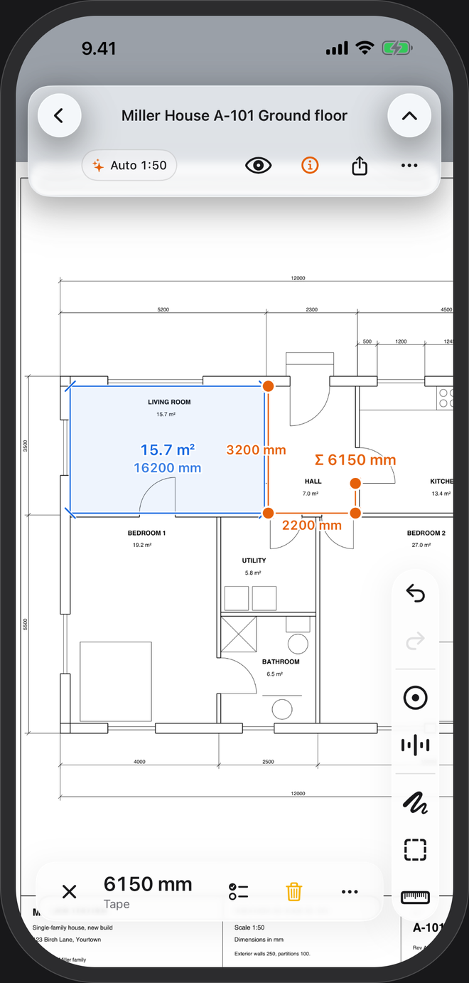 A living room measured in PlanTape: 15.7 square metres shaded blue, and a tape run totalling 6150 mm