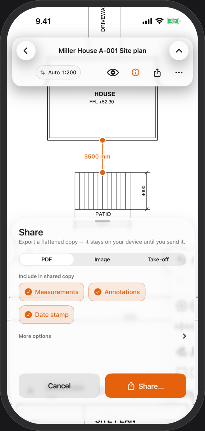 A site plan in PlanTape with a 3500 mm tape from the house to the patio and the Share sheet open on PDF, Image and Take-off