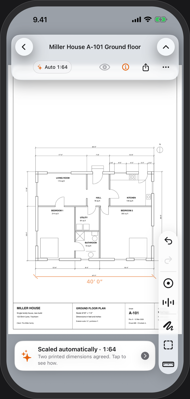A US floor plan in PlanTape tagged Auto 1:64, with a card reading Scaled automatically