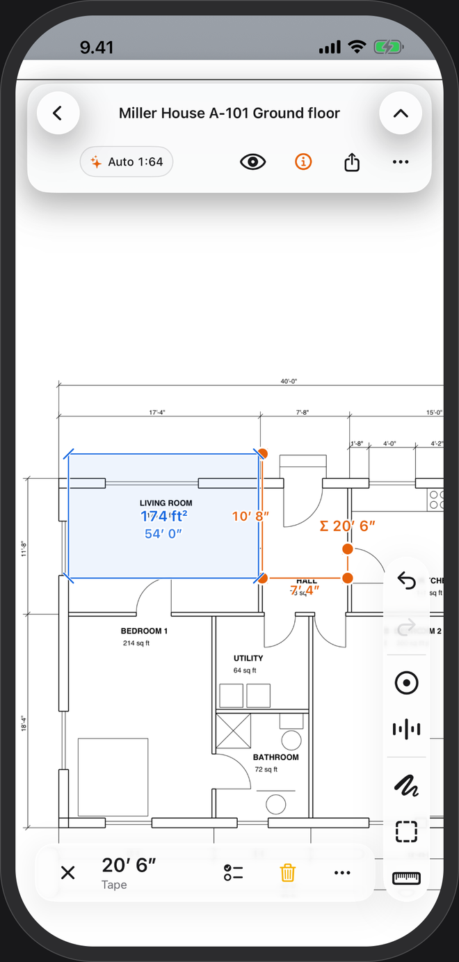 A living room on a US plan measured in PlanTape: 174 square feet shaded blue, and a run totalling 20′ 6″