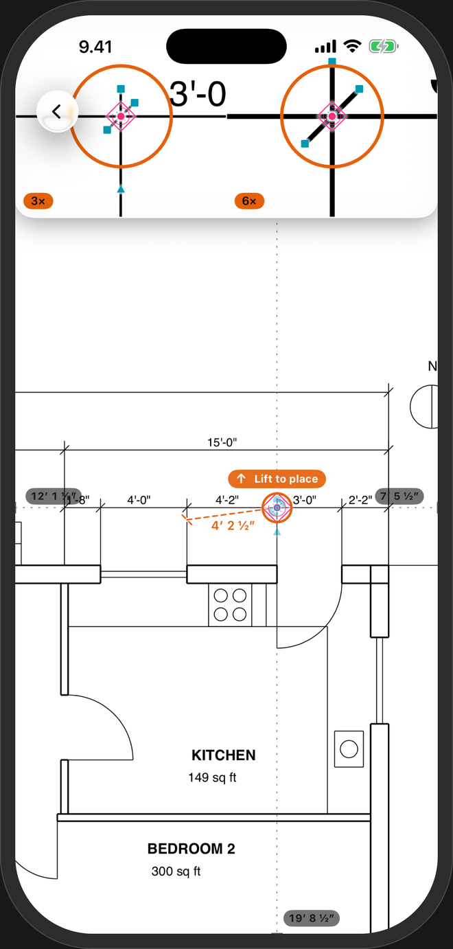 A kitchen on a US plan in PlanTape: the tape is dragged to 4′ 2½″, and the magnifier at 3× and 6× shows the point locked on a line crossing